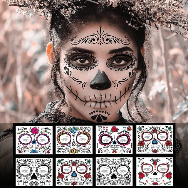 ColorPaquete de 8 pegatinas de tatuaje temporal de cara de calavera de azúcar del Día de los muertos, pegatinas de tatuaje de maquillaje de Halloween para fiesta de disfraces de Ha