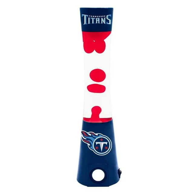 Sporticulture MGLMPTEN Team Pride NFL Tennessee Titans Magma Lamp Speaker with a blue base showcasing the Tennessee Titans logo and red magma wax in a clear lamp. This officially licensed NFL lamp also functions as a Bluetooth wireless speaker, perfect for fan caves, dorms, or offices.