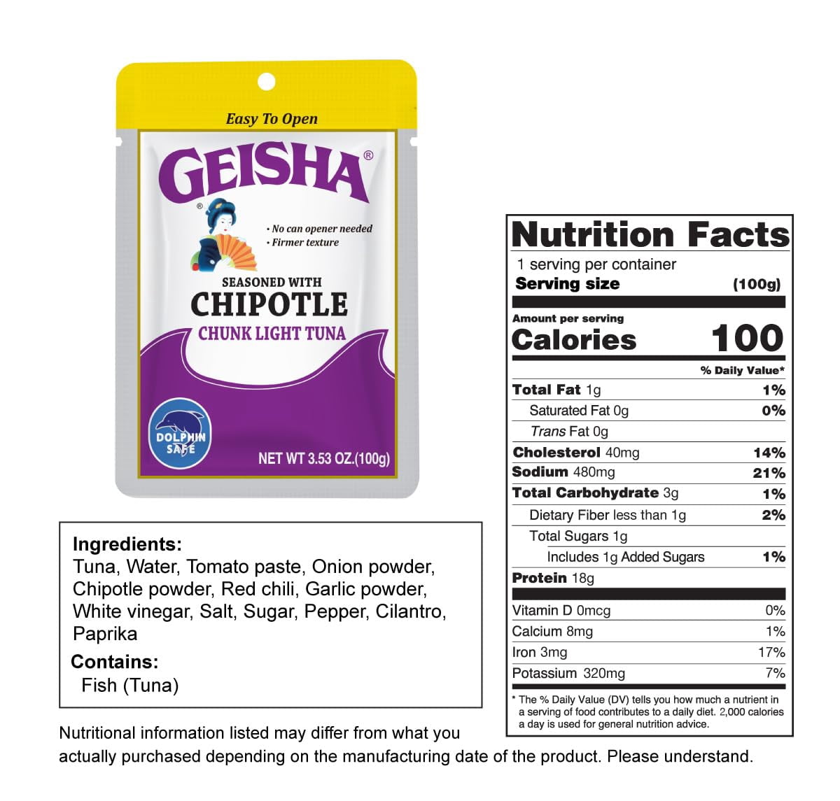 GEISHA Chunk Light Tuna Seasoned with Chipotle Sauce 3.53oz (Pack of 12), Tuna| HALAL & Kosher Certified – Gluten Free – Wild Caught – Dolphin Safe Catch – Good Source of Protein