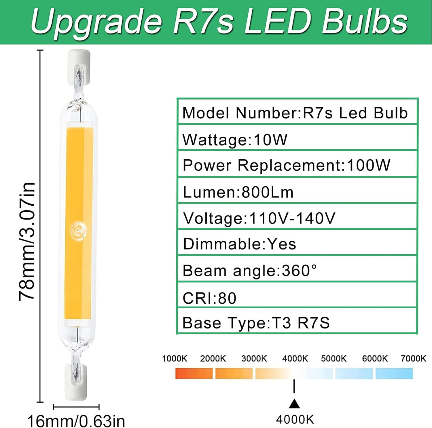 9 Pack 10W 78mm R7S LED Light Bulbs, Double Ended R7S LED Bulb 78mm 100W Halogen Bulb Replacement T3 Base, 360° Beam Angle Work Bulbs for Garage Work Light Reading Floodlight,Natural White 4000k