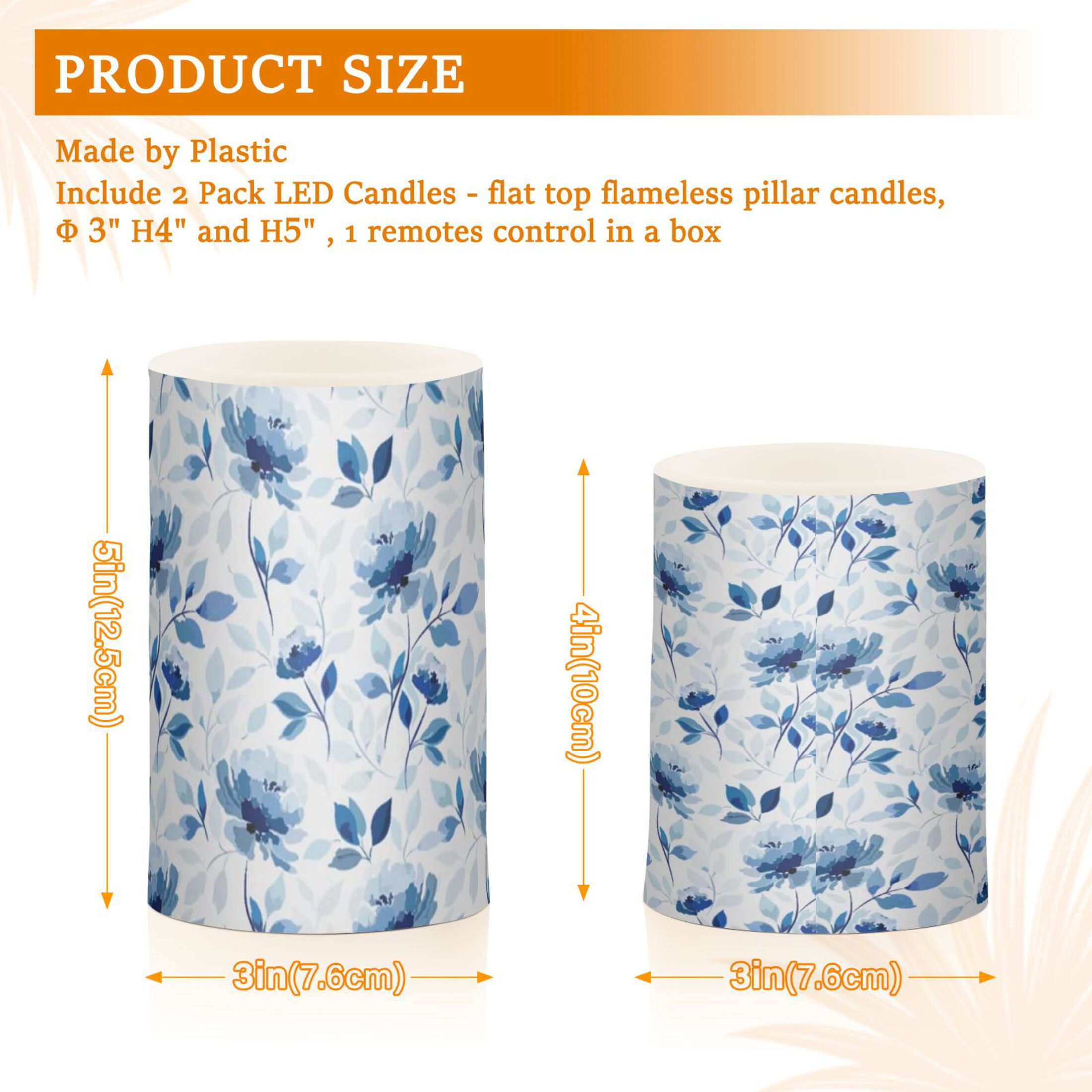 Blue Floral Flickering Flameless Candles Battery Operated with Remote Timer LED Pillar Candles Set of 2