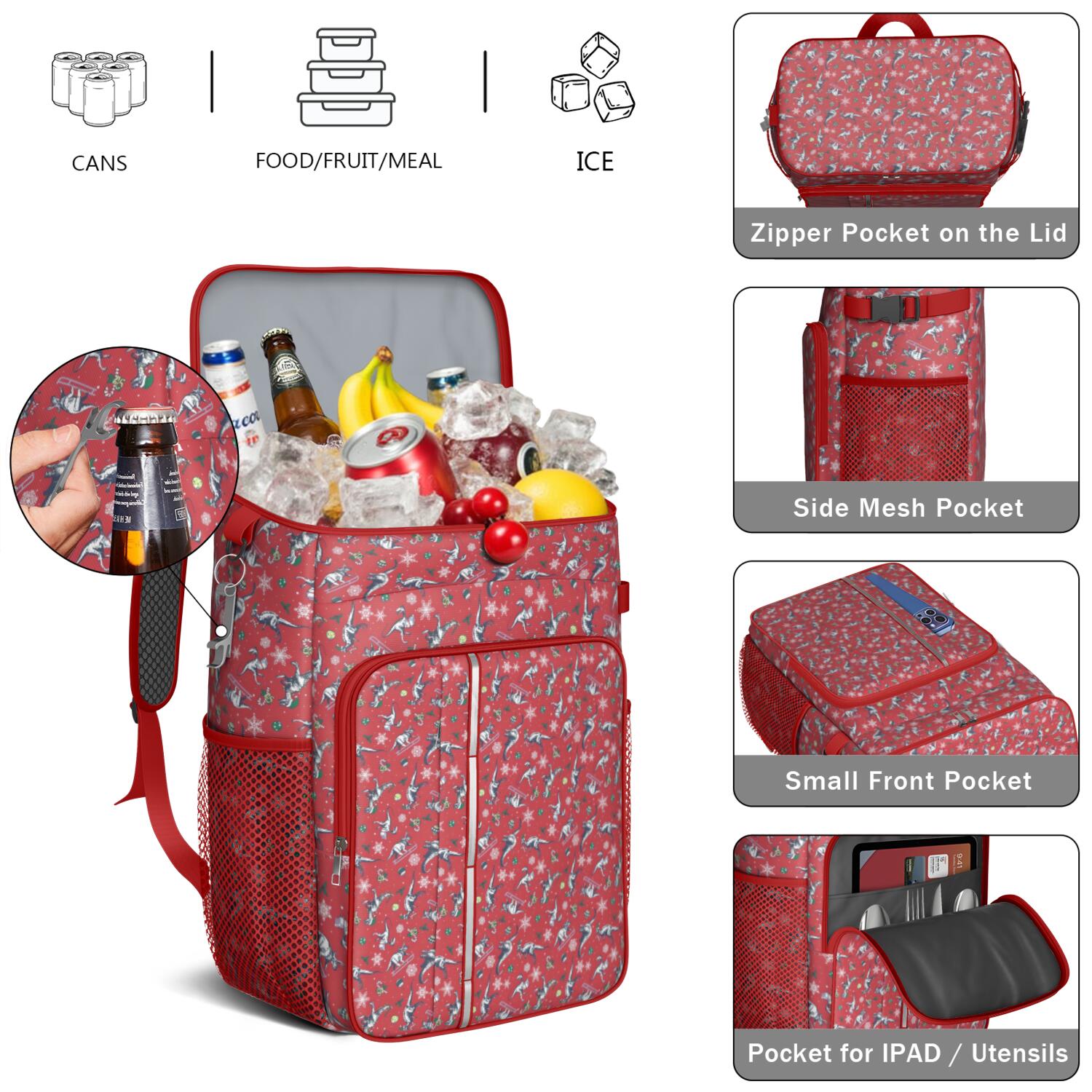 Travel Cooler Bag - Red Cartoon Dinosaurs Snowflakes Pattern Camping Beer Cooler Backpack with Bottle Opener- Waterproof Insulated Picnic Backpacks - Cooler Bag for Beach