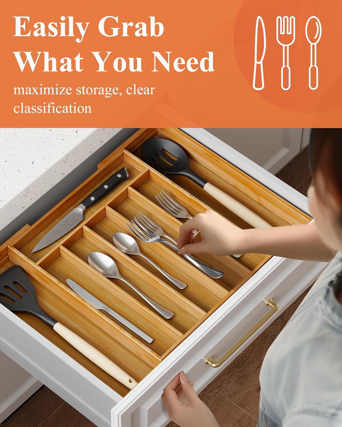 Large Bamboo Silverware Organizer - Expandable Drawer Organizer for Utensil, Cutlery and Flatware, Kitchen Storage Solution with 6 to 8 Slots, Natural, 19.4" × 13.1" × 1.8"