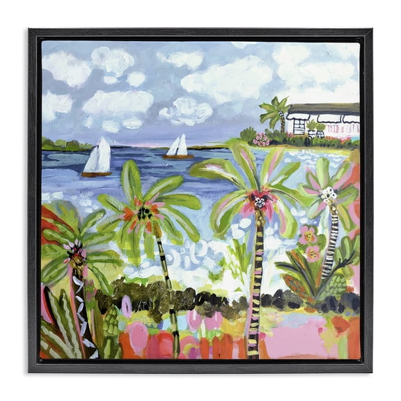 Stupell Industries Palm Trees in Bright Sun Black Framed Floater Canvas Wall Art design by Karen Fields, 18 x 18