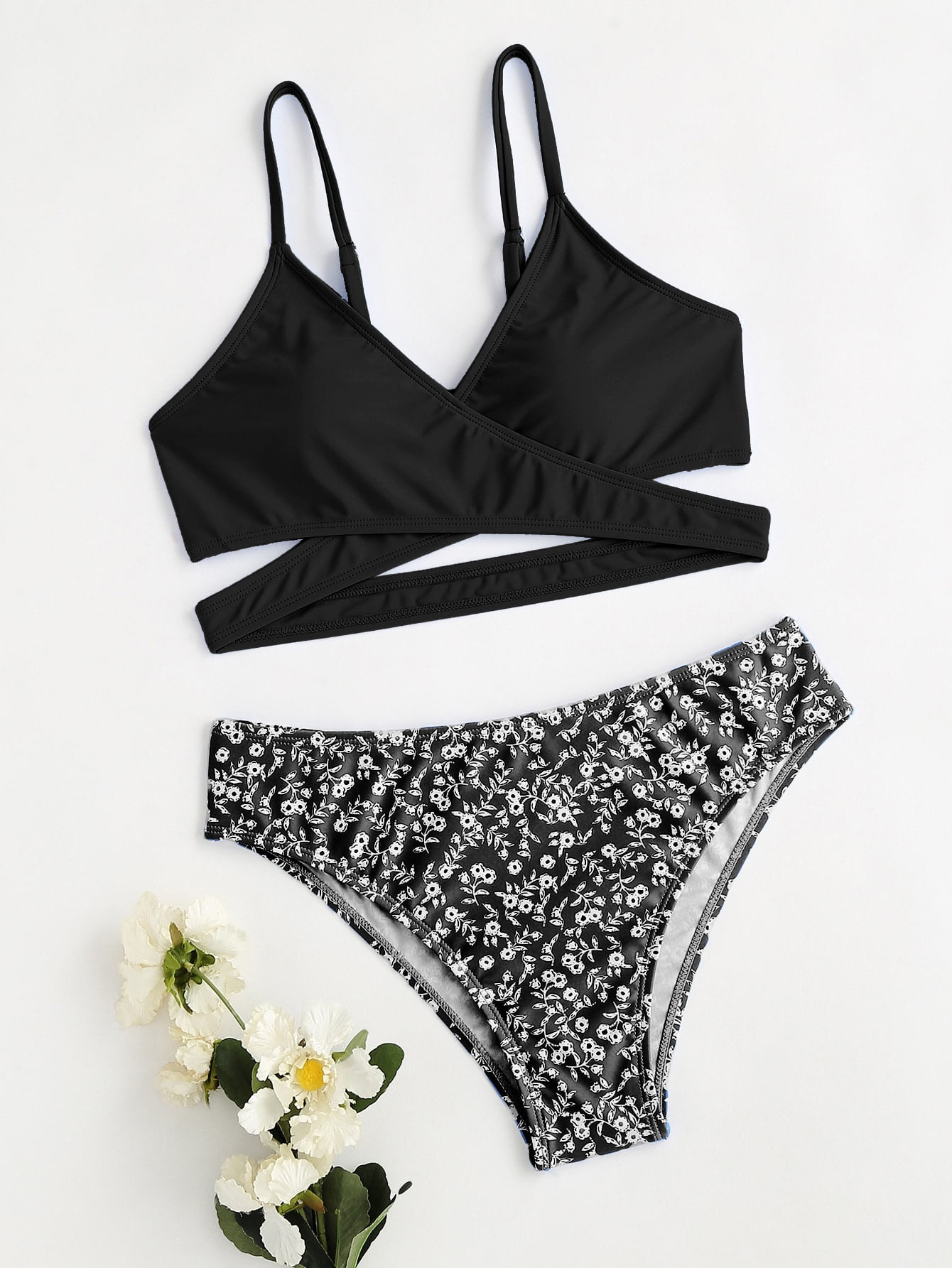 Teen Girls Ditsy Floral Wrap Bikini Swimsuit 170(14-15Y) Black Boho ...