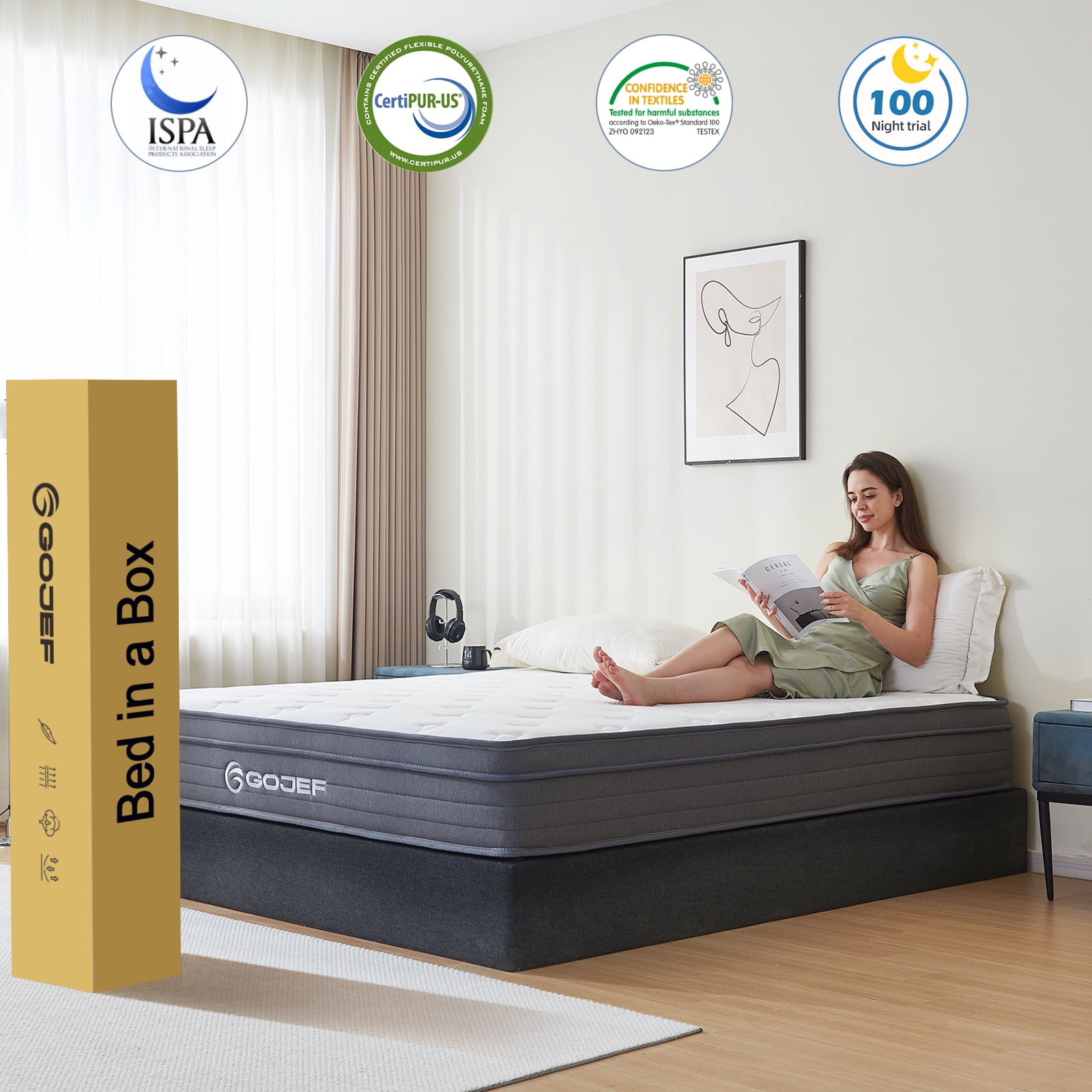 GOJEF 12 inch Queen Mattress,Hybrid Memory Foam with Independent Spring, Soft and Pressure Relief