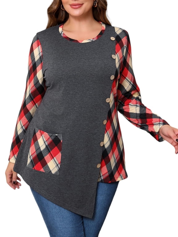 Womens Plus Size Christmas Tops Plaid Check Print Pocket Tunic Blouse Shirt