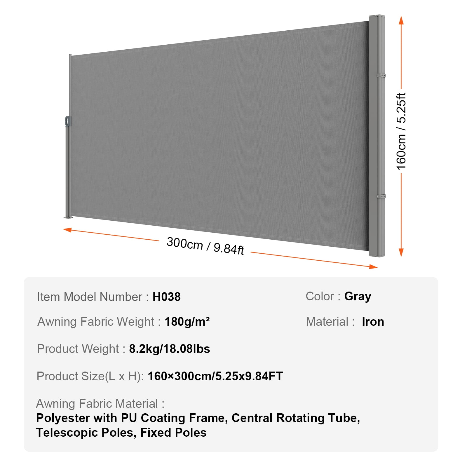 KFFKFF Retractable Side Awning 63''x 118'' Patio Screen Fence Divider Fencing