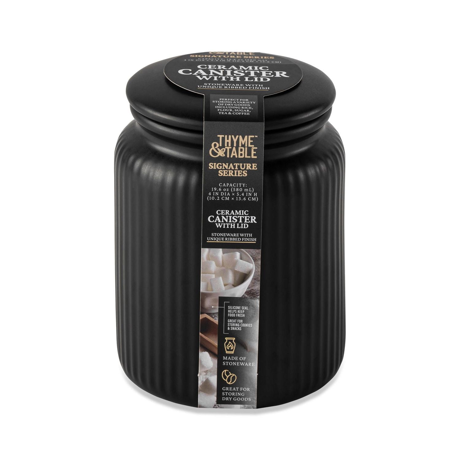 Thyme & Table, Small Ceramic Ribbed Kitchen Organization Jar, Black, Canister