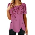 thumbnail image 1 of Pompotops T-shirt Ample Imprimé pour Femme, Boutons, Manches Courtes, Blouse à Col Rond, Hauts Décontractés, 1 of 7