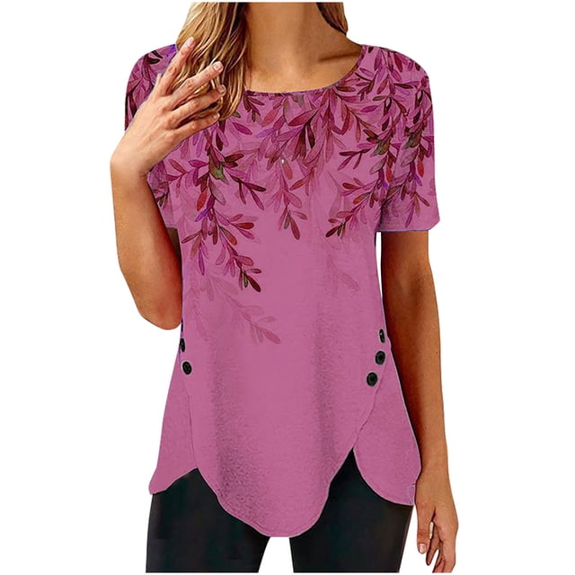 Pompotops T-shirt Ample Imprimé pour Femme, Boutons, Manches Courtes, Blouse à Col Rond, Hauts Décontractés