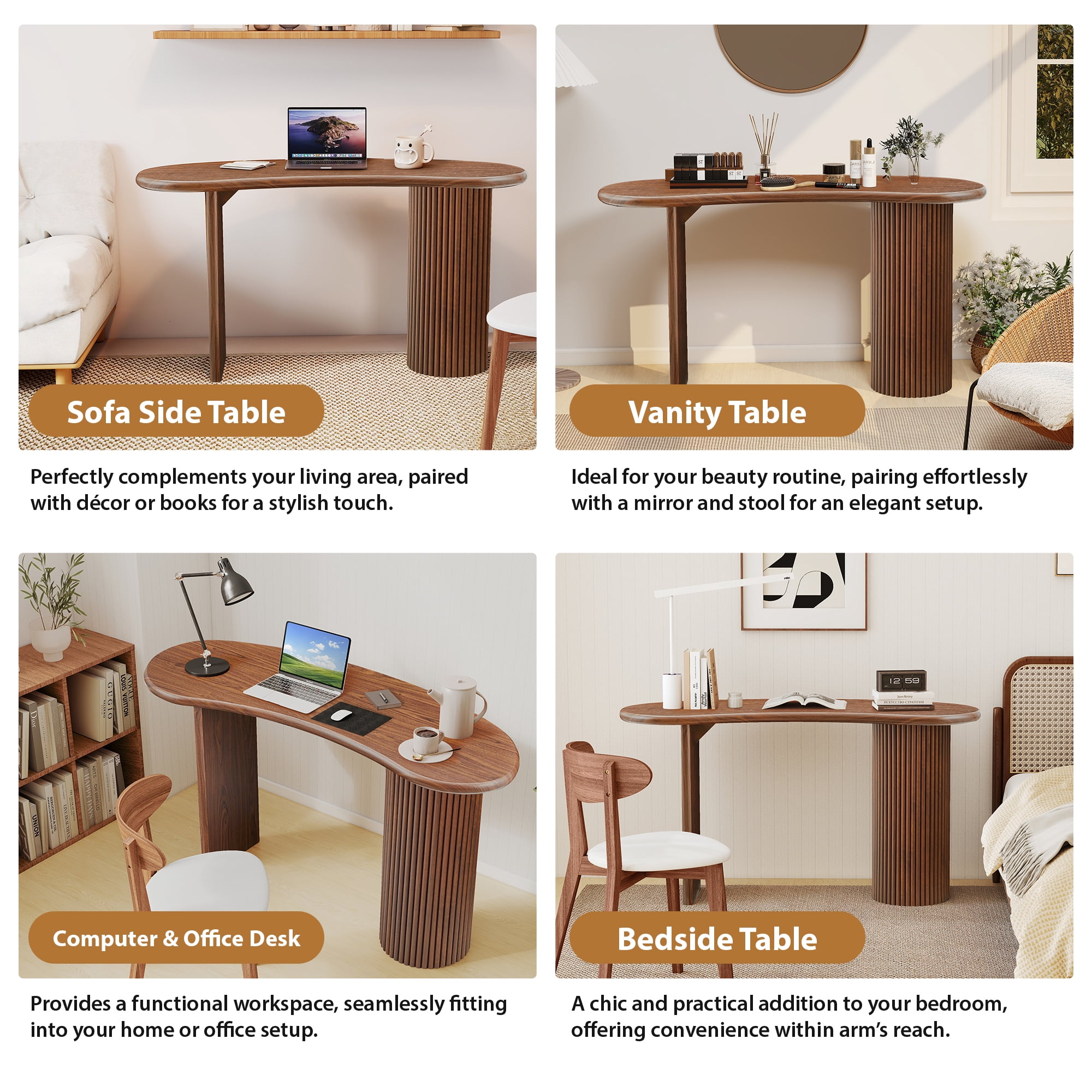Wirrytor 53 Inch Curved Desk with Fluted Legs, Oval Small Computer Desk for Bedroom Corner, Modern Home Office Writing Vanity Table for Kids and Adults, Space Saving Corner Study Desk Unit