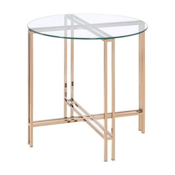 ACME Veises Round Glass Top End Table in Gold and Champagne