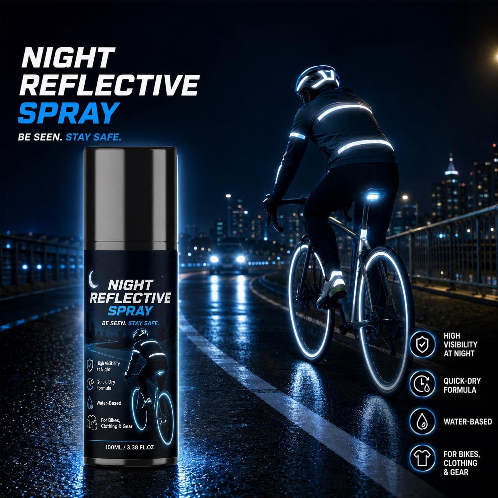 214944 Night Reflective Spray, 100ml Clear Reflective Spray Paint | Reflective Coating Spray, Weatherproof Safety Fluorescent Paint, For Nighttime Cycling, Running, Walking, Driveway Traffic