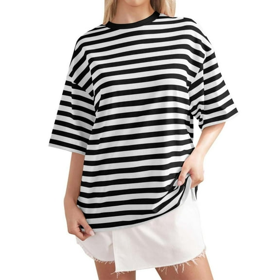Women Oversized Striped T Shirts, Color Block Summer Tops, Crew Neck Short Sleeve Casual Tee, Fashion Trendy Loose Top