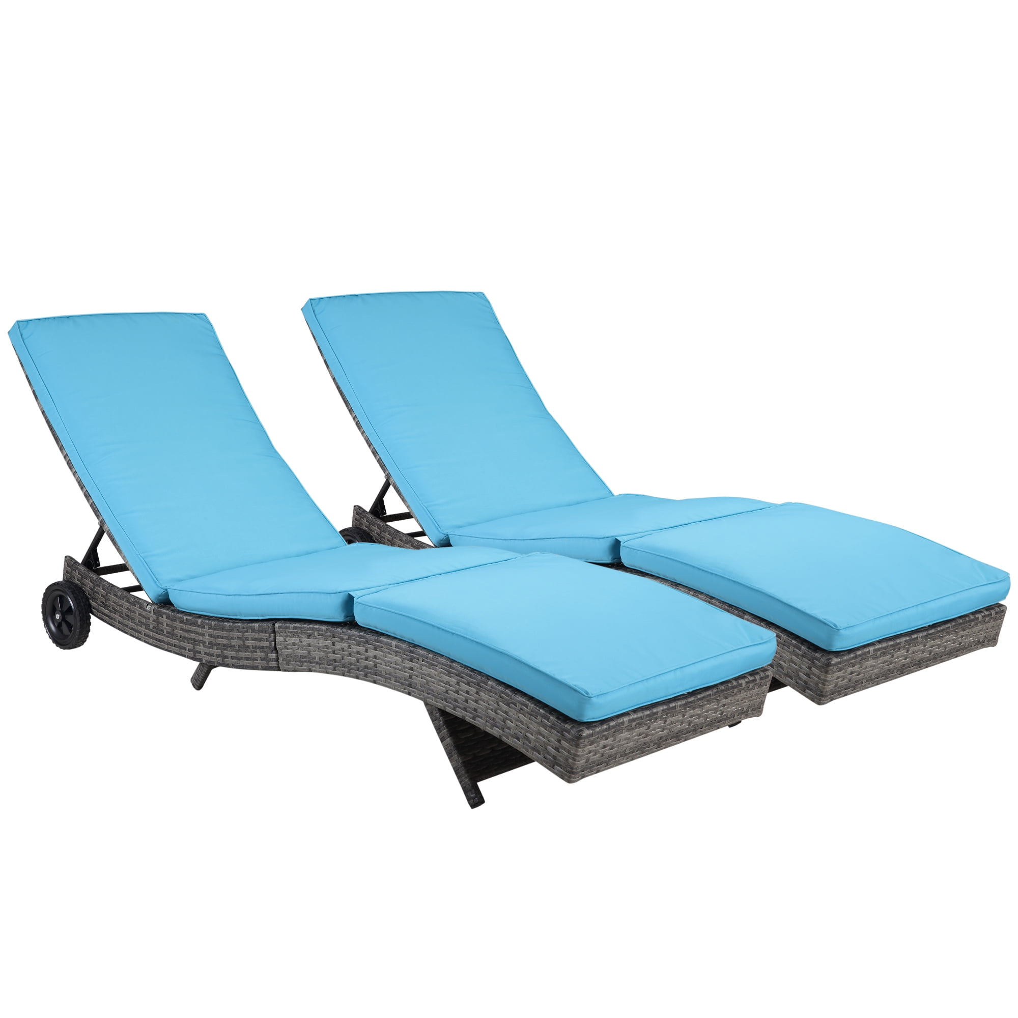 Outsunny Chaise Lounge Pool Chair Set of 2, Reclining, Wheels, Sky Blue