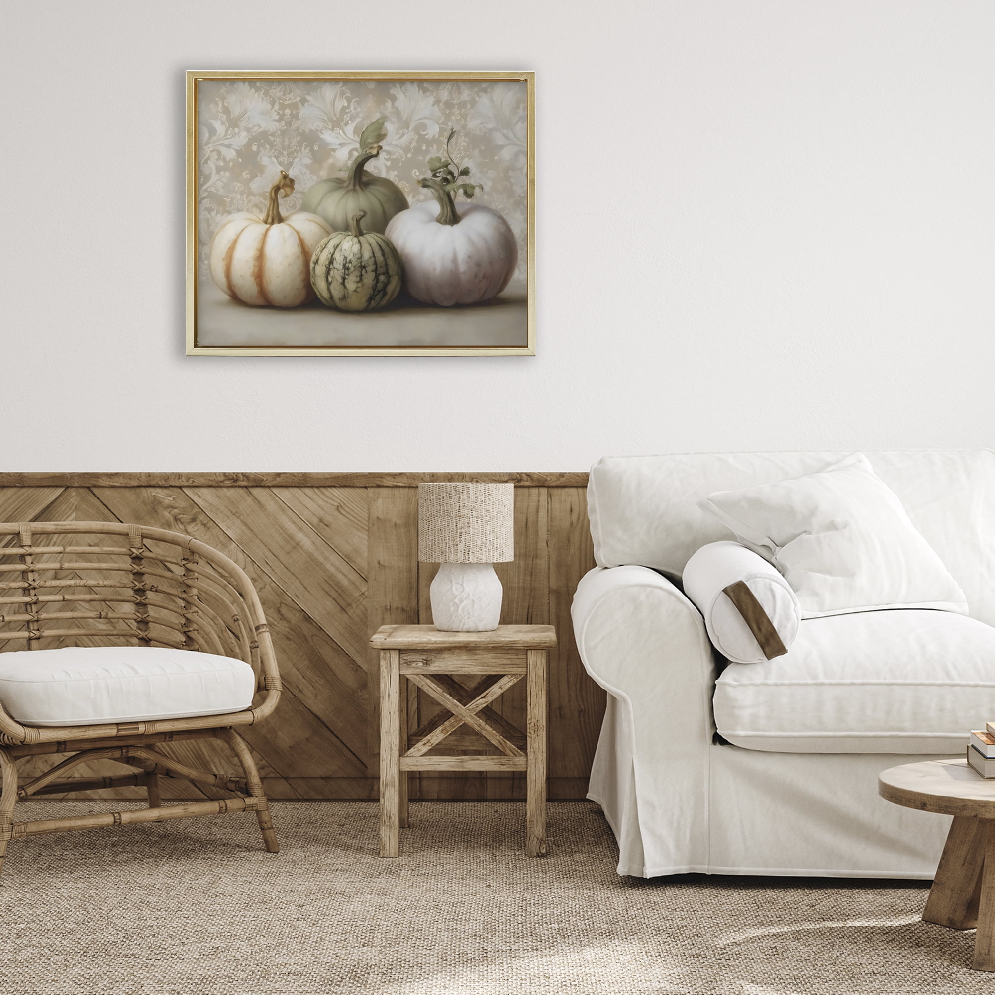 Stupell Industries Pastel Gourds on Vintage Pattern Gold Framed Floater Canvas Wall Art, design by Arlington Prints