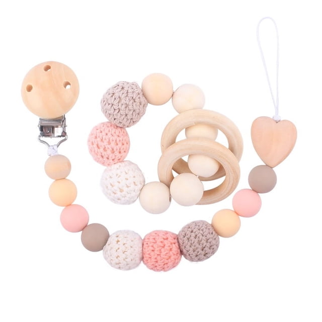 Productos para bebés Clip de chupete de madera para apaciguar al bebé Bola de lana grande Muelas para morder DIY Cadena para chupete Cadena anticaída