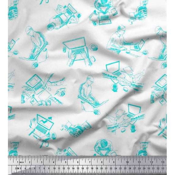 Soimoi Rayon Crepe Fabric Tea Cup,Laptop & Men Human Figure Print Sewing Fabric Yard 46 Inch Wide