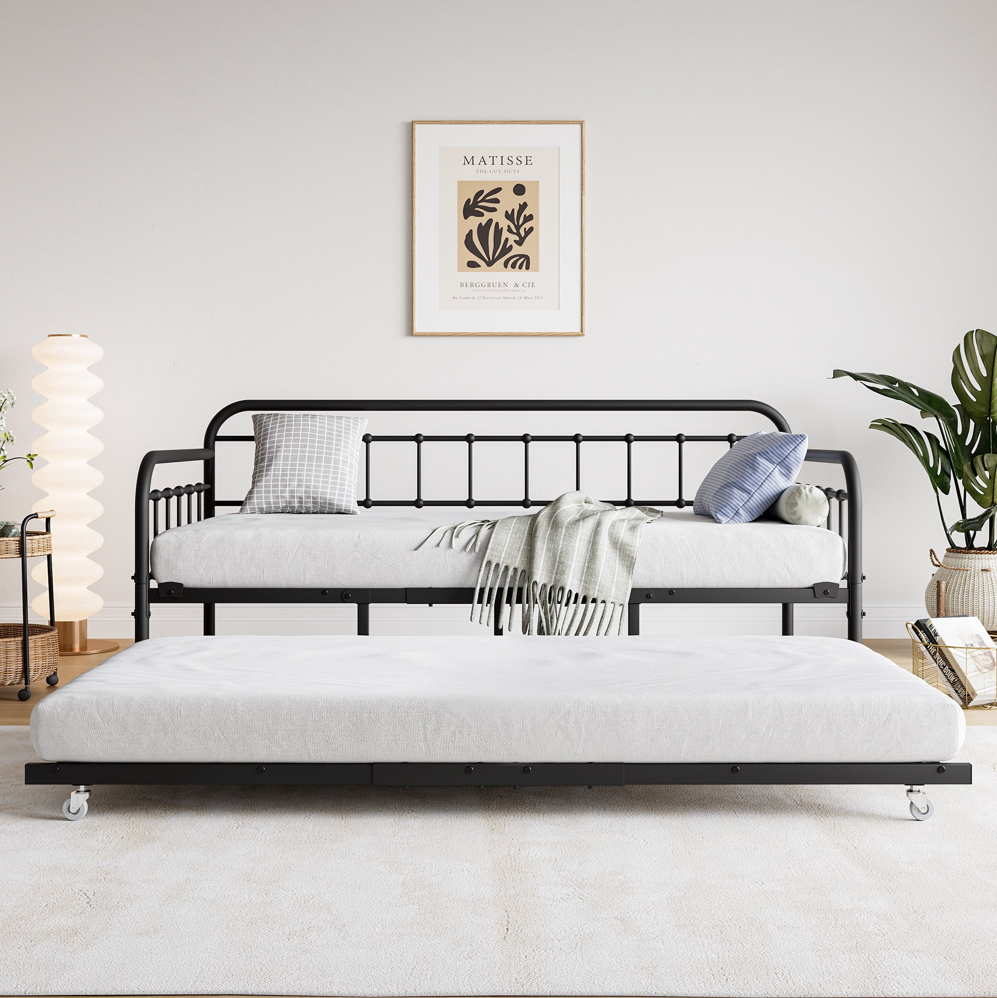 MAYEERTY Twin Size Metal Daybed Frame with Trundle, Heavy Duty Steel Slat Support Sofa Bed Platform with Headboard, No Box Spring Needed, Black