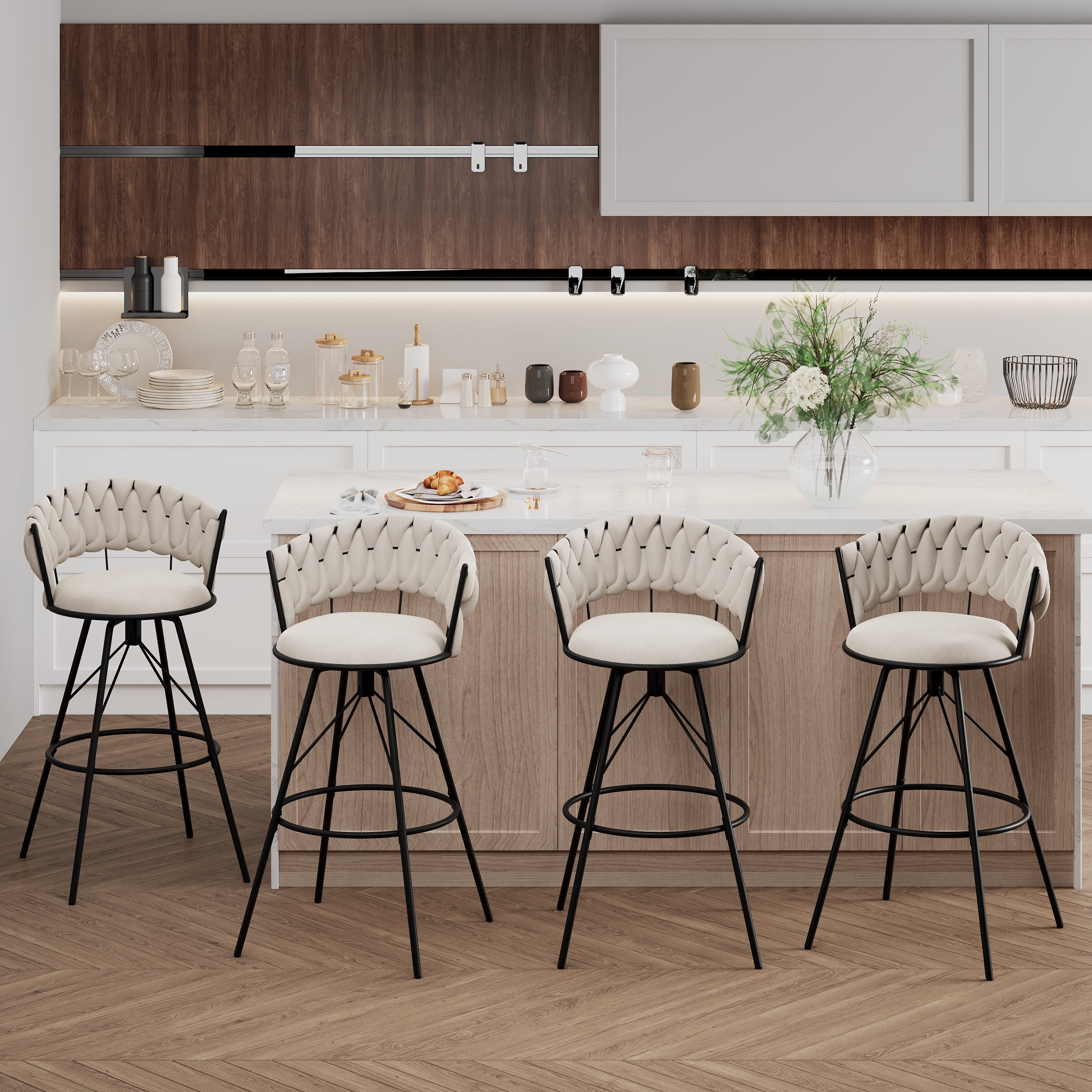 Andeworld 30'' Counter Height Barstools set of 2, Modern Velvet Bar Stools with Woven Back, Metal Frame, Round Footrest, Ivory