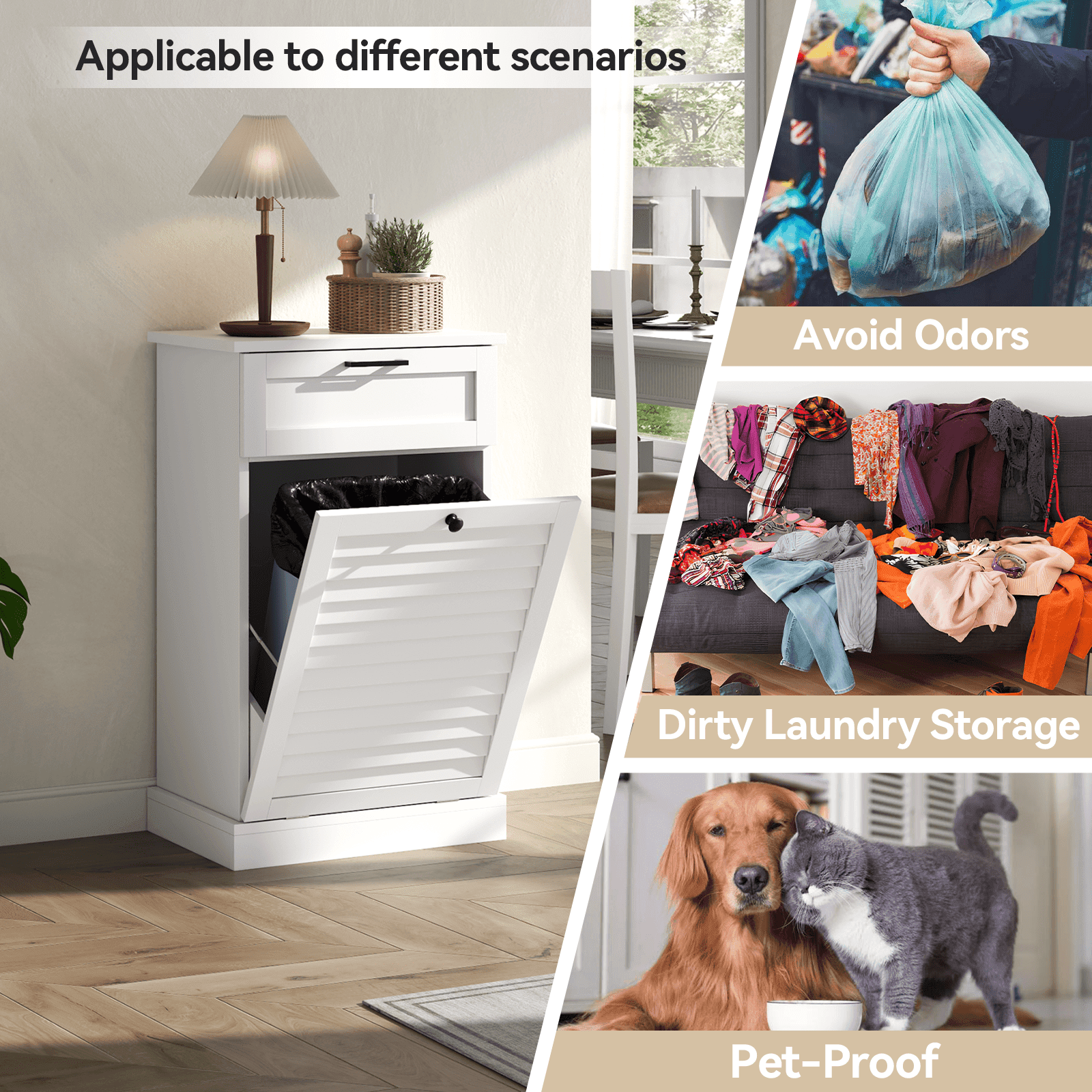 15 Gallon Tilt-Out Laundry Hamper Cabinet with Drawer, Hidden Trash Can Cabinet with Shutter Door & Laundry Basket for Bathroom & Kitchen – White (Single)
