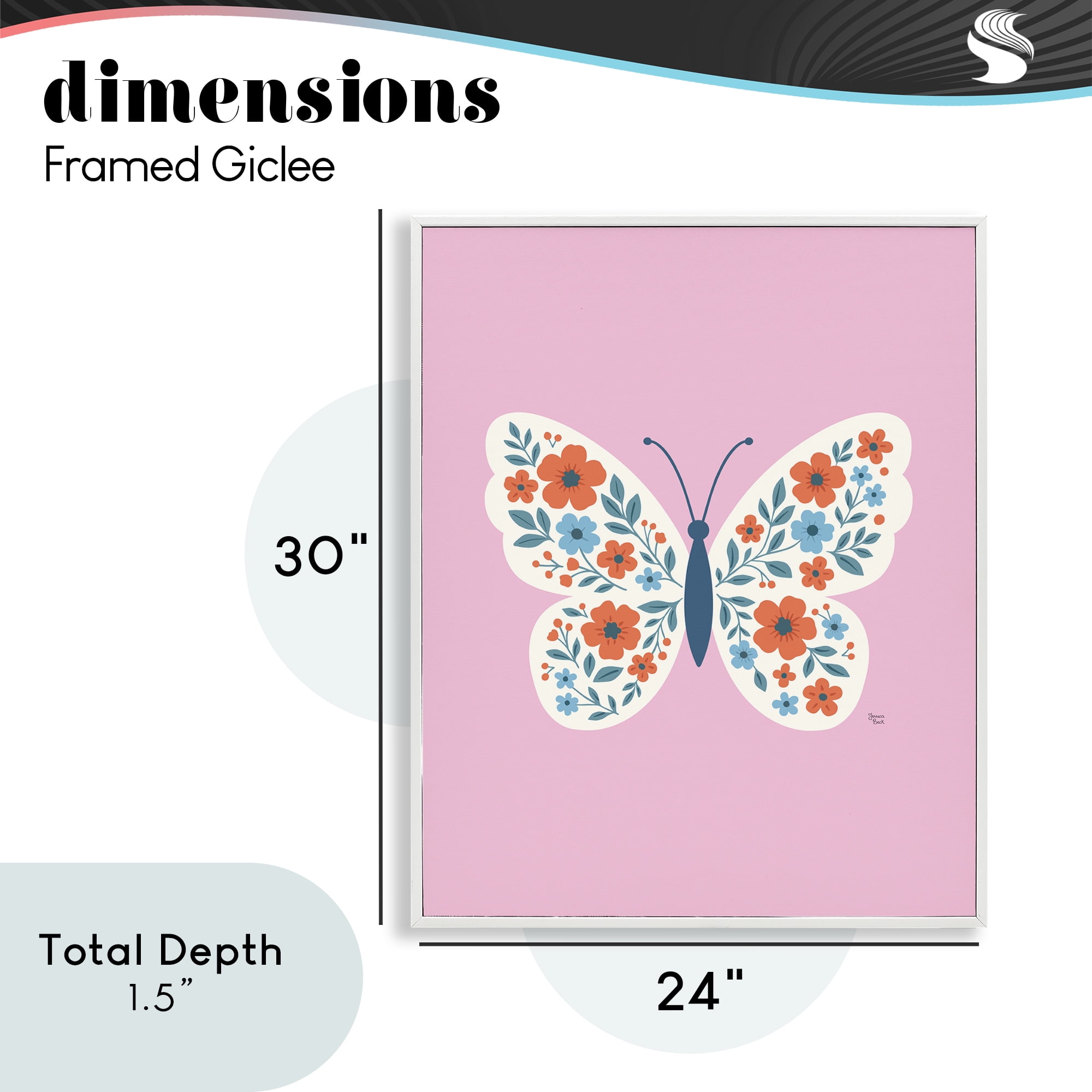 Boho Pink Floral Butterfly White Framed Giclee Art, design by Jessica Beck