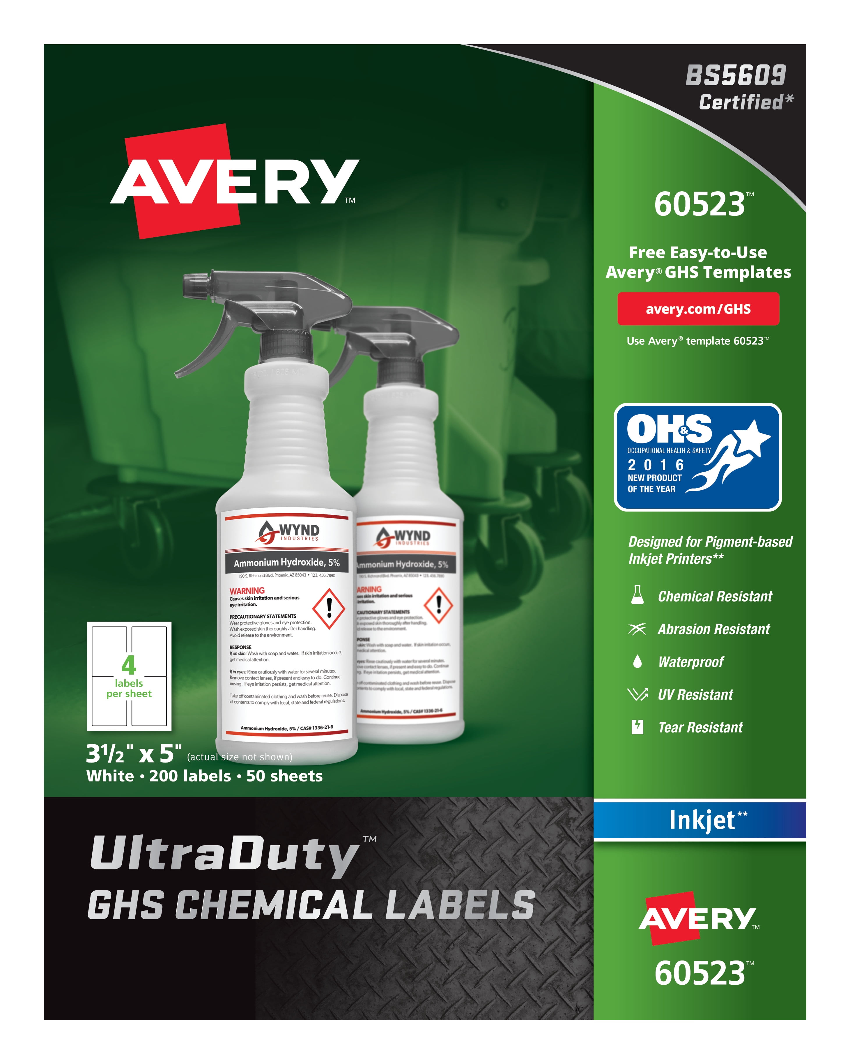 Avery Ultra Duty GHS Chemical Labels for Pigment Inkjet Printers, Waterproof, UV Resistant, 3.5 x 5 (60523)