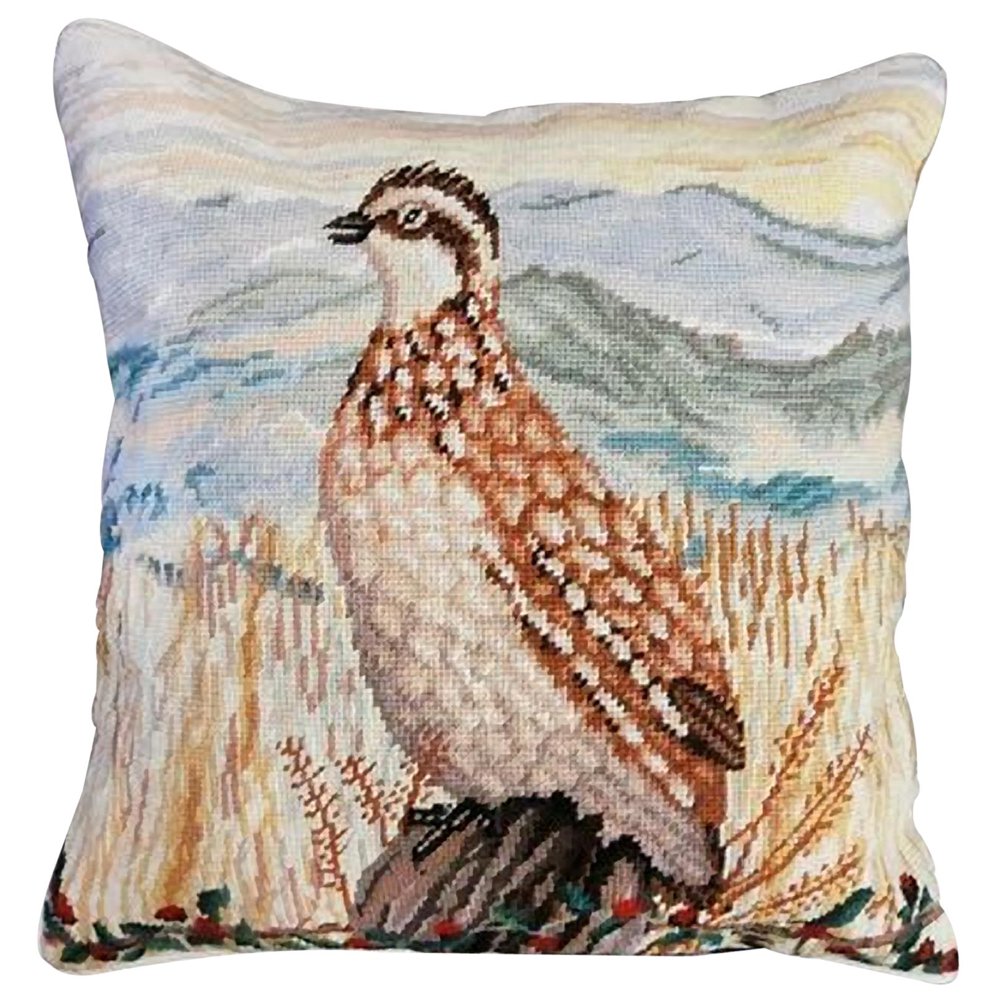 Throw Pillow Needlepoint Quail on Fence Bird 18x18 Beige Cotton Velvet