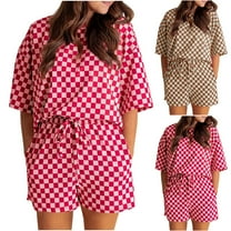 ZZwxWA Women 2 Piece Summer Checkered Outfits Casual Plaid Print Short Sleeve Pullover Top and Shorts Matching Lounge Set