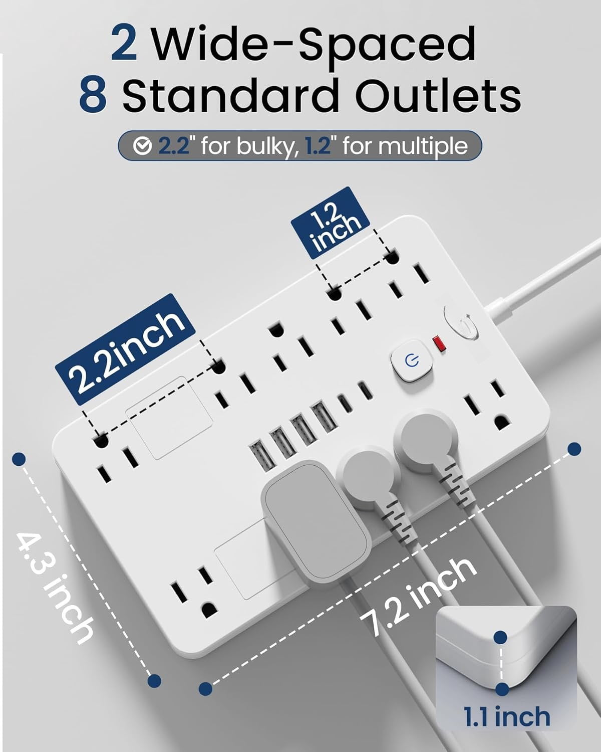 Surge Protector Power Strip,10 Outlets(1850W/15A/14AWG) with 6 USB Ports (2 USB C), 6  Extension Cord wall Mount Power Strip, ETL Listed for , Dorm Room