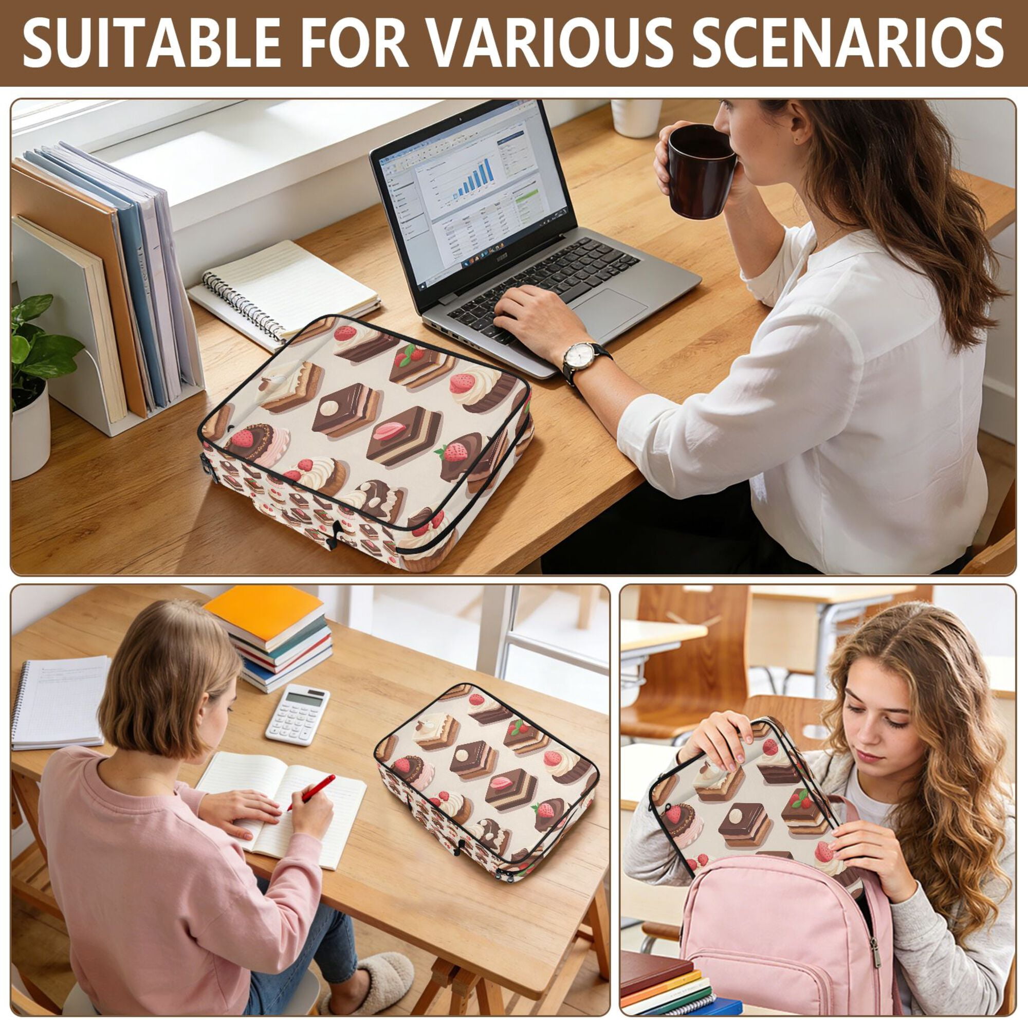 FORMRS Accordion File Folder A4 Size 7-Pocket Expanding Document Organizer Bag with 3 Ring Binder, Cute Chocolate Cakes