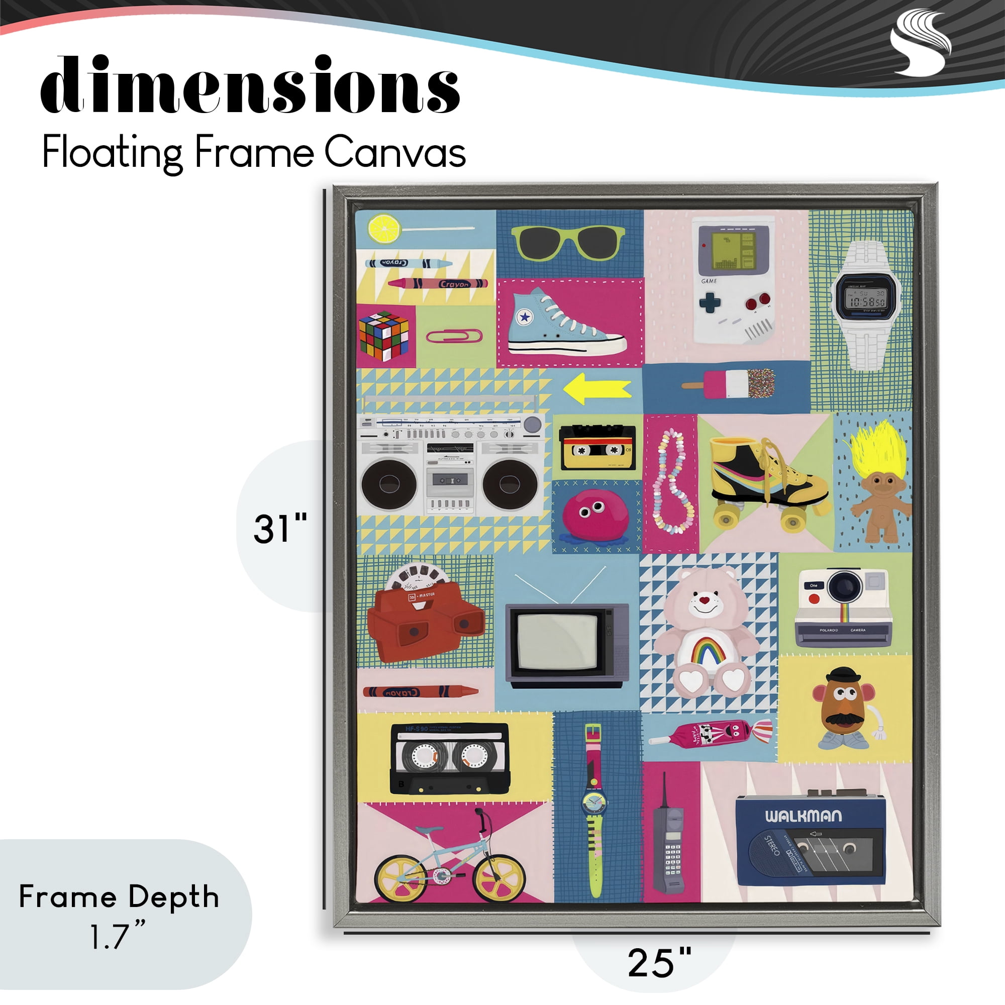 Stupell Industries Retro 80's Patchwork Collection Gray Framed Floater Canvas Wall Art, design by Hanna Melin