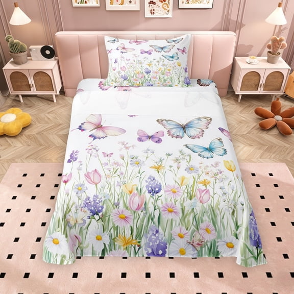 Erosebridal Chic Butterfly Twin Sheet Sets for Girls, Colorful Flower Bedding, 3 Pieces, 1 Flat Sheet 1 Fitted Sheet and 1 Pillowcase