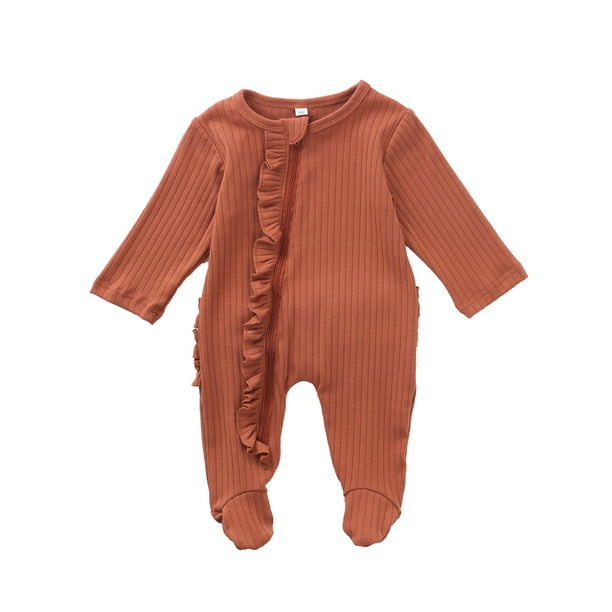 Ma&Baby Newborn Baby Girl Zipper Footed Pajamas Ribbed Ruffle Jumpsuits
