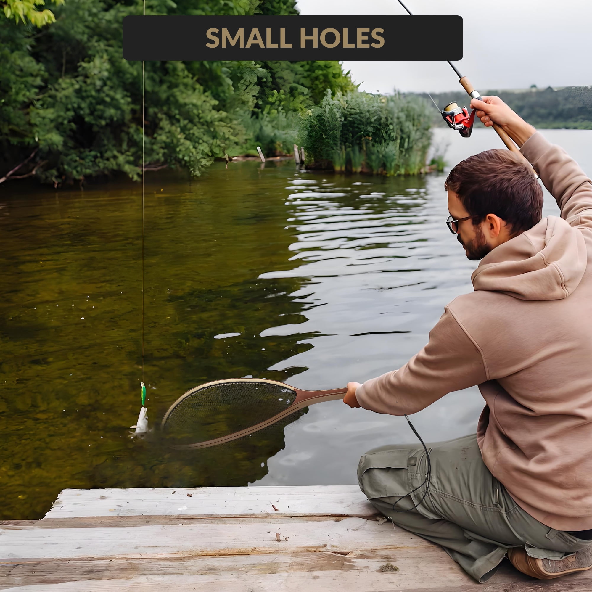 Fly Fishing Net Trout Net, Wooden Frame Landing Net with Soft Rubber Mesh for Catch and Release (Clear Small Holes)