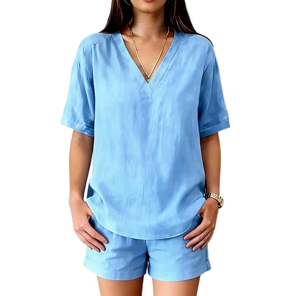 Costeam Womens 2 Piece Linen Blend Co Ord Set V Neck Short Sleeve Top and Elastic Waist Shorts Casual Summer Matching Outfit with Side Pockets