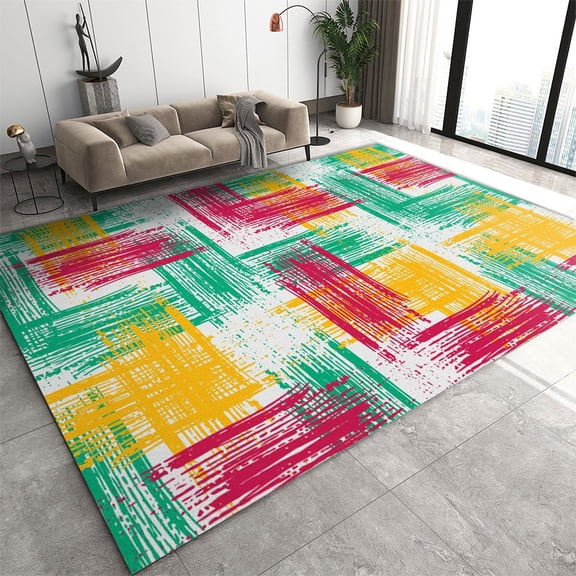 Abstract Colorful Rug, Green Yellow Red Area Rug, Upholstery Carpet With Non-Slip Backing, Soft Washable Rug For Living Room Kids Boys Girls Bedroom Study Room