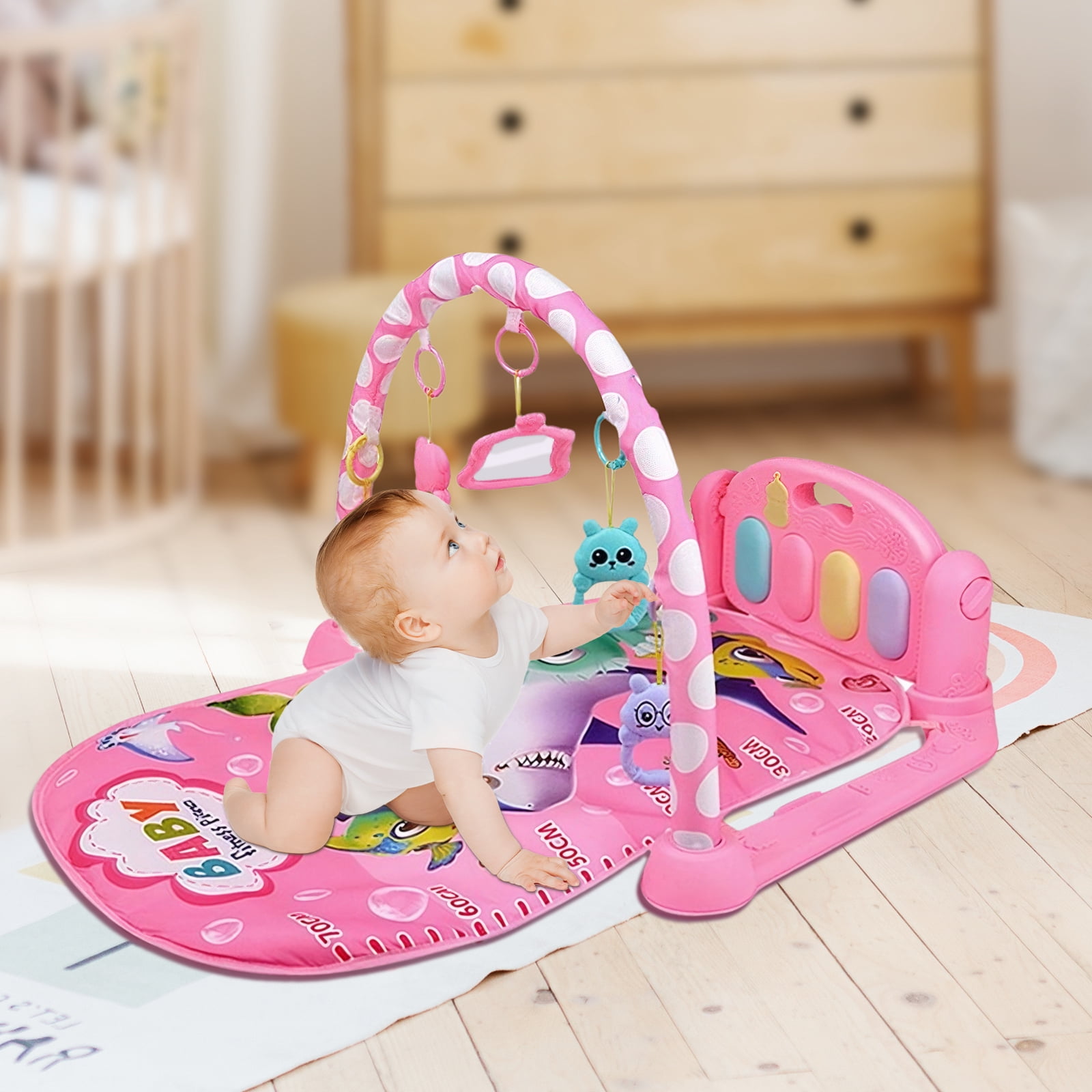 HDUTNGISN Baby Play Mat Gym with Piano & Toys-Tummy Time Activity Mat for Infants 0-12M (Pink)