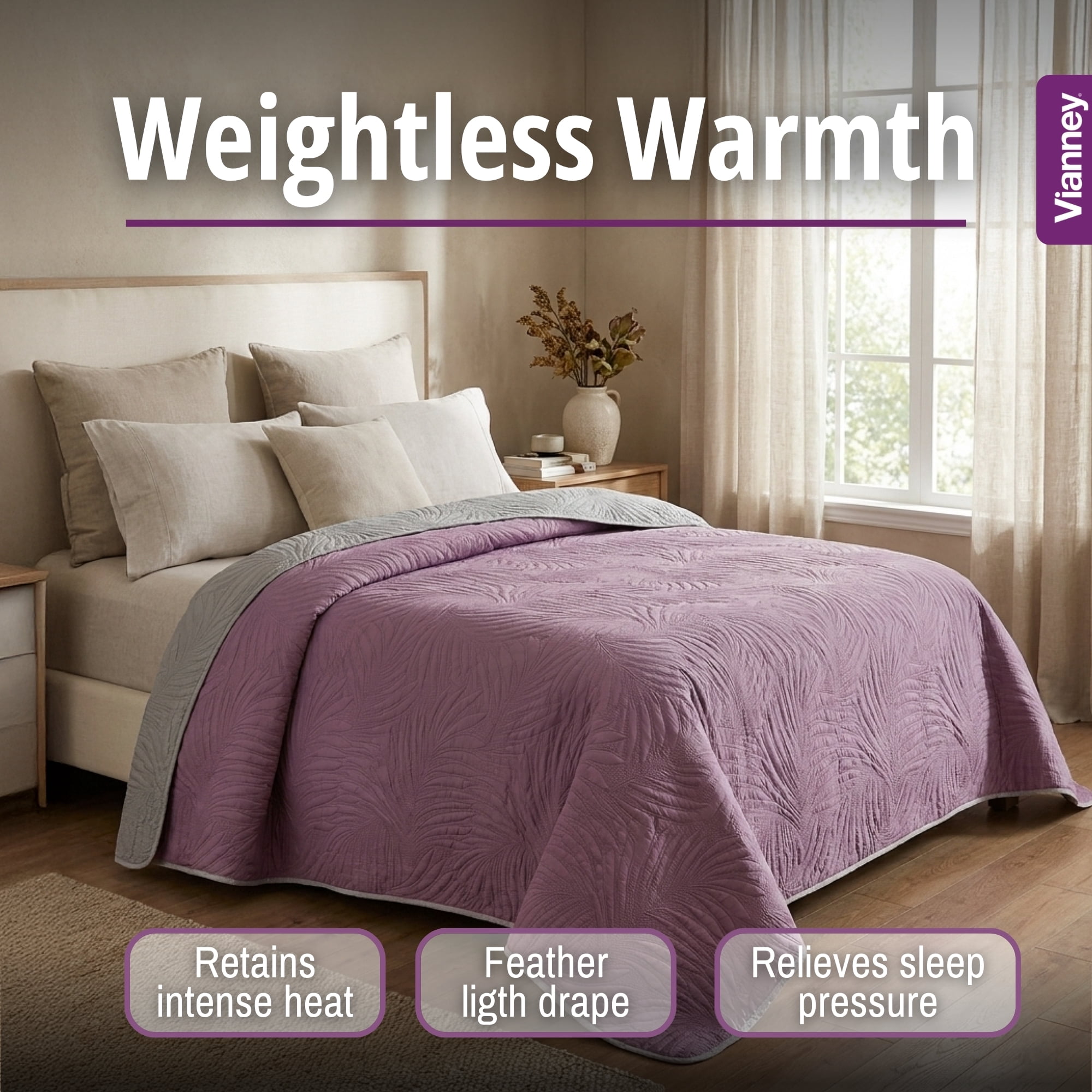 Vianney King Size Comforter, Novo Mallow Bedding, Reversible Lightweight Quilt Blanket in Light Purple and Light Grey with Palm Leaf Quilt Pattern, Light Weight, 110”x93”