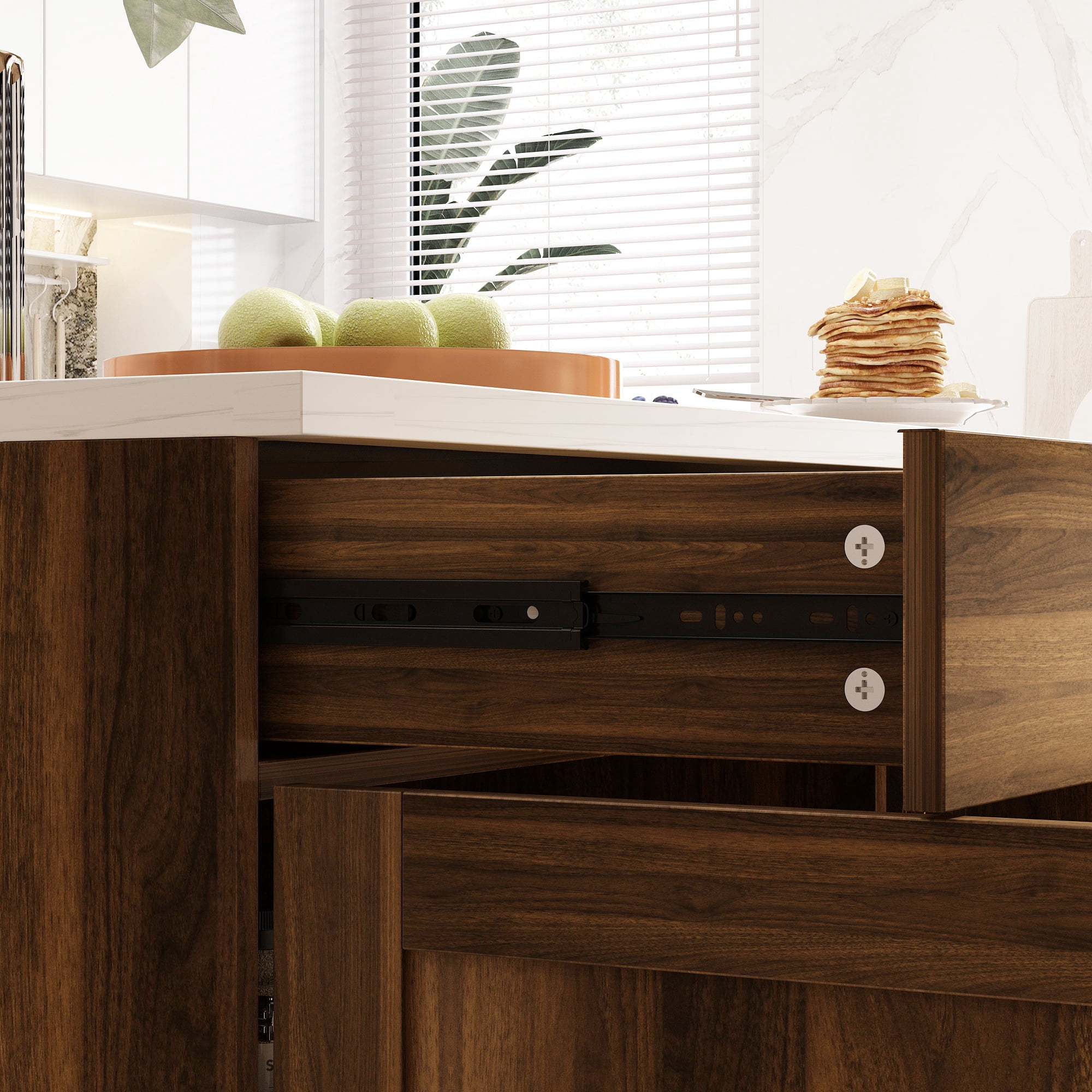 KULAGAGA Kitchen Island with Drawers, Buffet Storage Cabinet with White Marbling Top, Rustic Brown