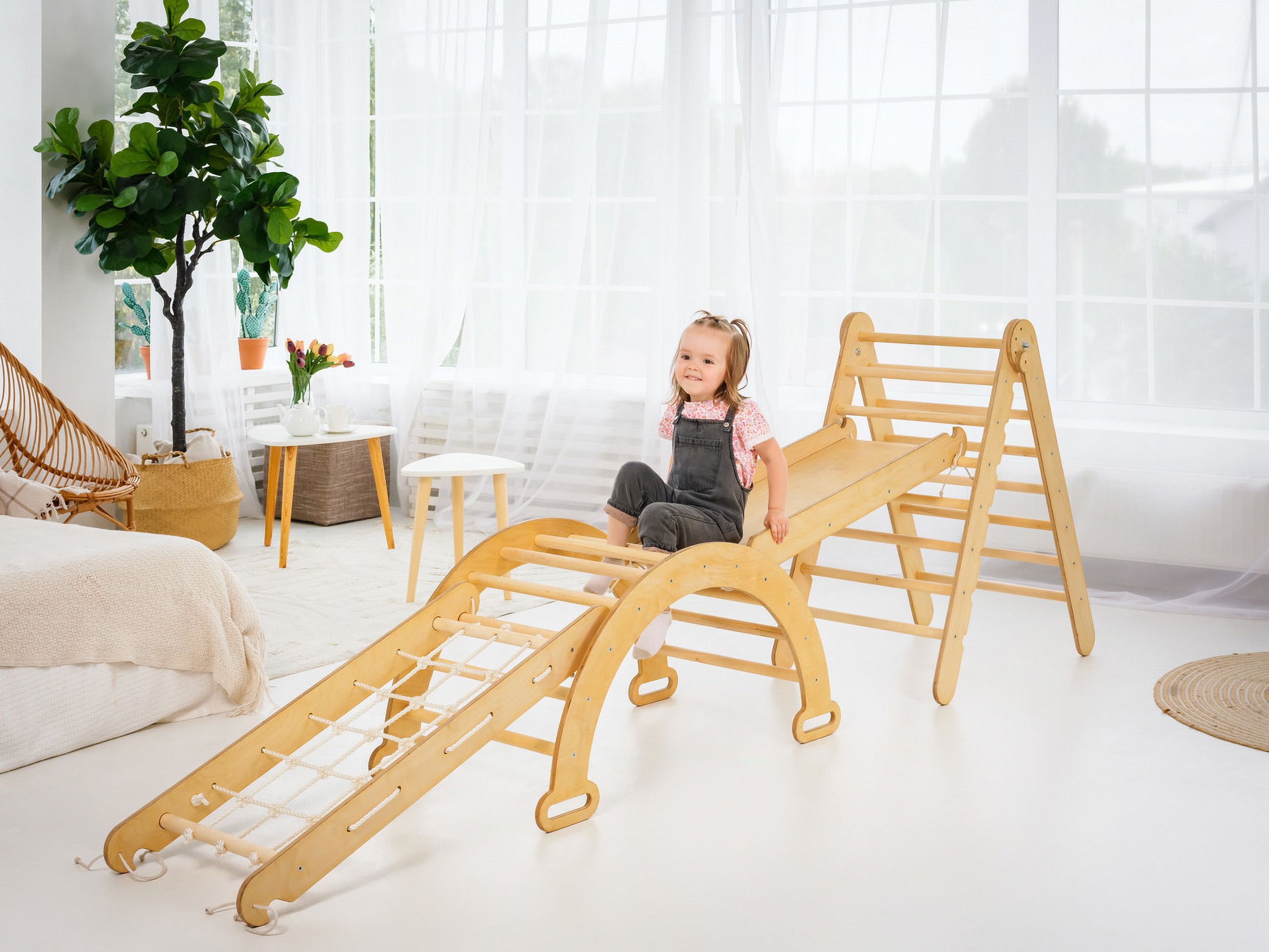 4-in-1 Montessori Indoor Playground: Wooden Foldable Triangle Ladder + Climbing Arch (Rocker Balance) + Slide Board (Ramp) + Spider Net for Kids 1-7 y.o. - image 3 of 8