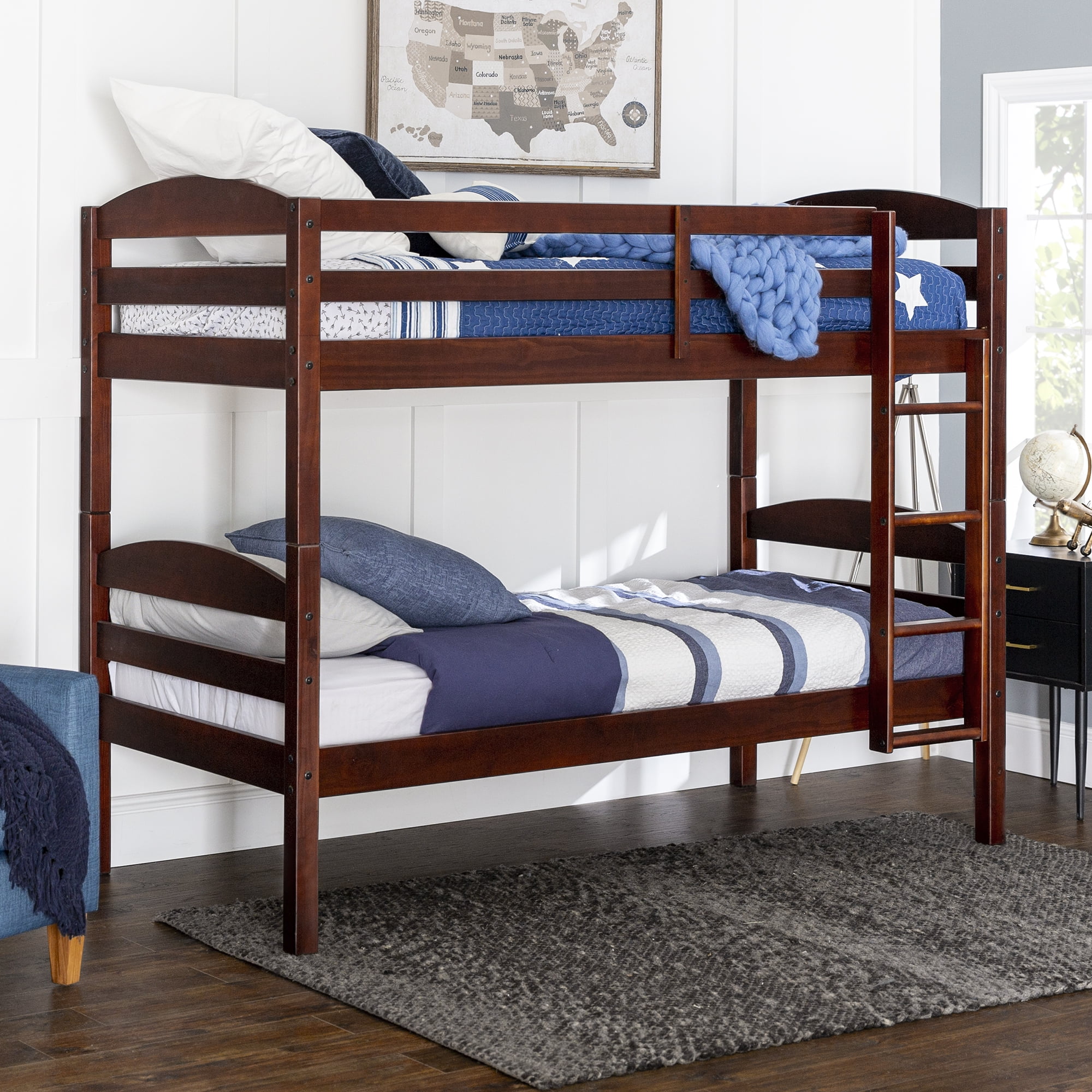 Walker Edison Solid Wood Twin Over, Espresso Twin Bunk Bed