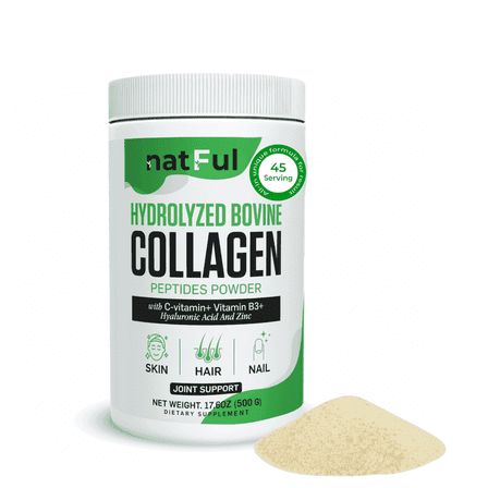 Natful Hydrolyzed Bovine Collagen Peptides Powder with Vitamin C, B3, Hyaluronic Acid, and Zinc - 45 Count