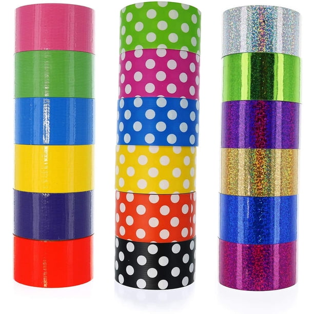 GiftExpress 18 cintas adhesivas de colores surtidos, cintas adhesivas holográficas de lunares, cintas multiusos de colores brillantes para hacerlo usted mismo, arte en casa, escuela, oficina. Rollo de