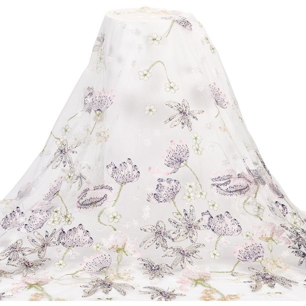 Tela de encaje con bordado de loto rosa de 1 yarda, 59 pulgadas, organza 3D, floral, suave, de malla de tul, con cintas de tela vintage anchas.