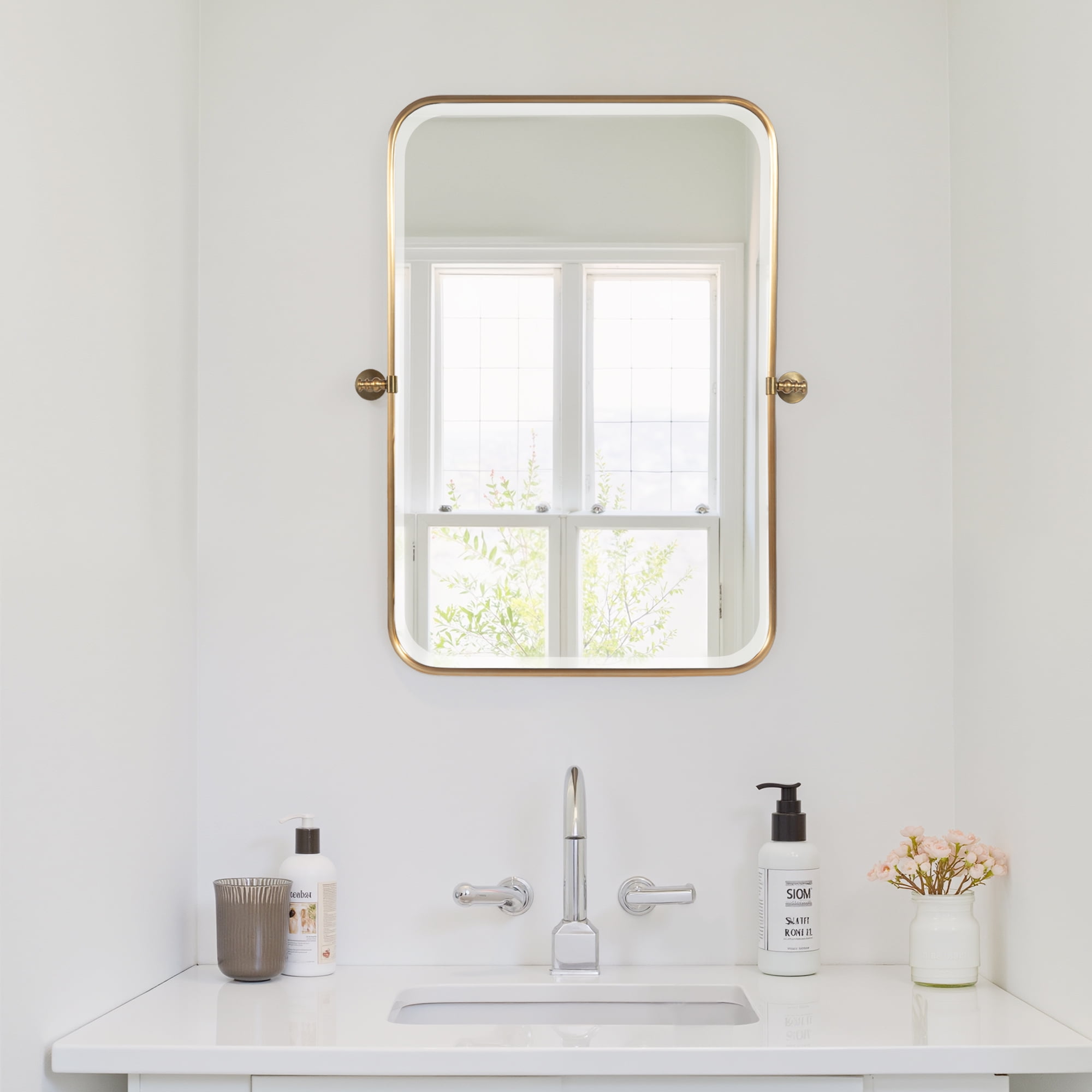 MAYEERTY 32×23in Modern Rectangular Metal Golden Framed Hanging Mirror, Wall-Mounted for Vanity & Sink, Swivel