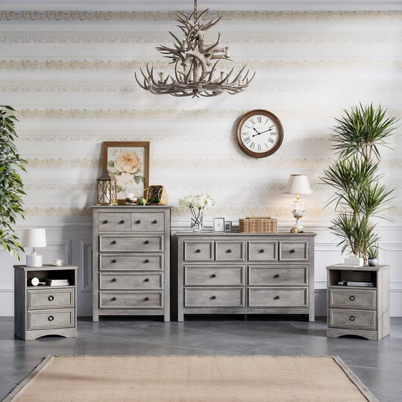 Holliwill Farmhouse 4 Pieces Bedroom Furniture Set, Wide 8 Drawer Dresser, Tall 6 Drawer Dresser and 2 Drawer Nightstand, Rustic Grey