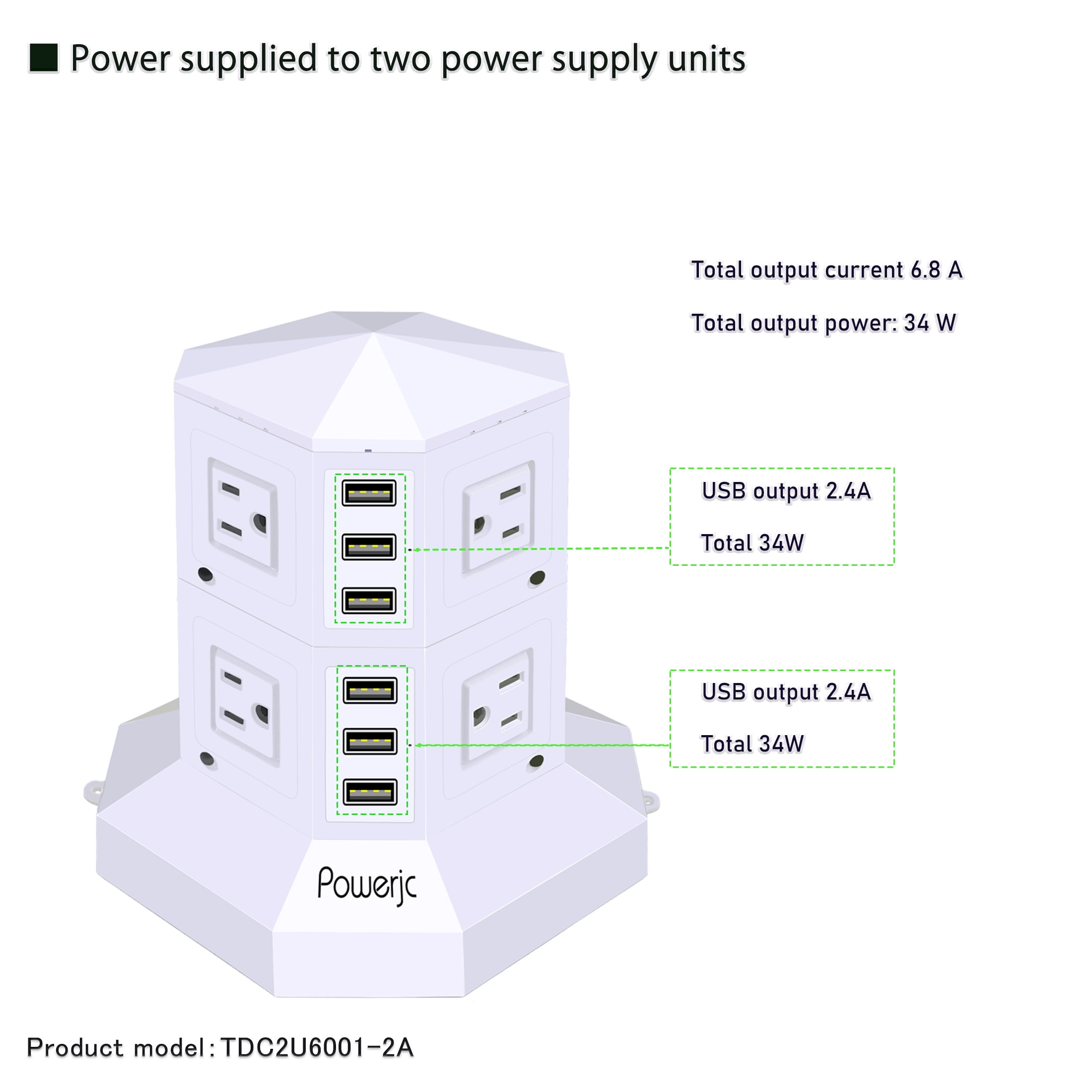 Powerjc Tower Power Strip Surge Protector Socket 8 AC Outlets with 6 Usb ports Chargers 118.1 Inches Long Extension Cord Indoor White