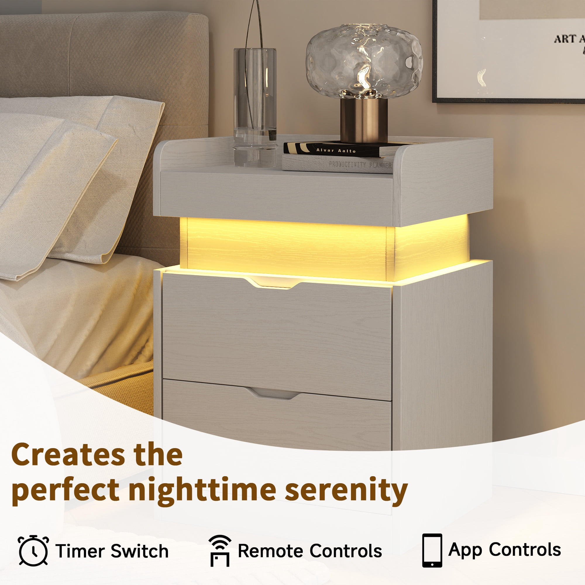 NEGYLIM Nightstand for Bedroom with 3 Drawers, Bedside Tables with Charging Station & LED Lights, Side Tables with 2 Wooden Drawers & a Sliding Top, Modern Style, for Living Room, Office, White